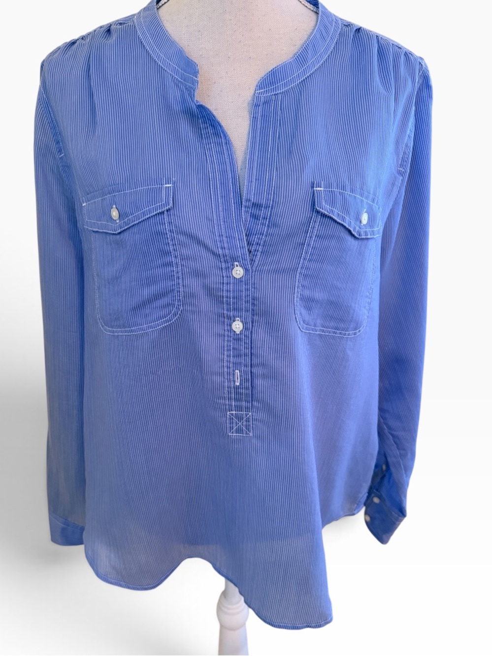 J. Crew Blue with White Pinstripe Split-Neck Popover Blouse L